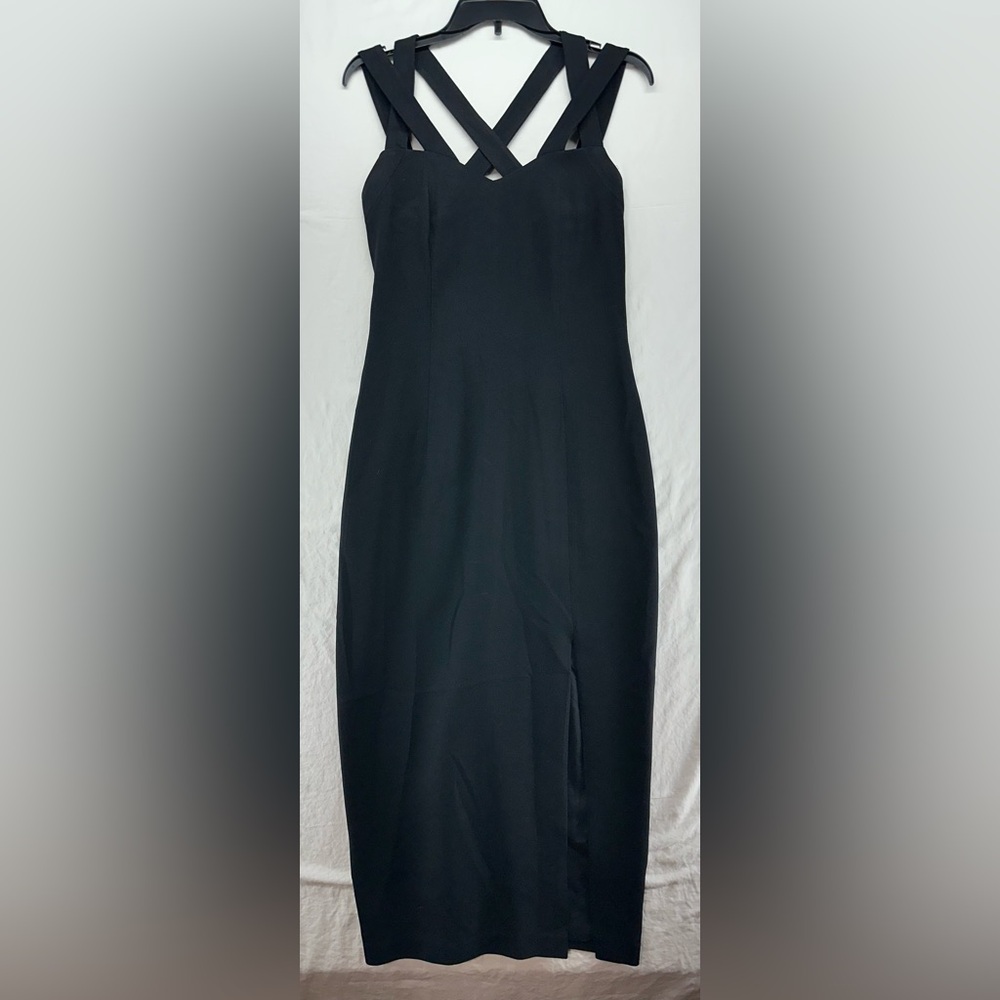Vintage 90s Carol Little Black Crepe‎ Sheath Maxi Cross Back Side Slit Size 6